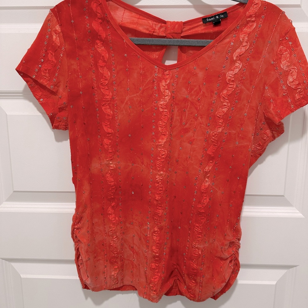 Coral Ruched Cut Out Short Sleeve Blouse